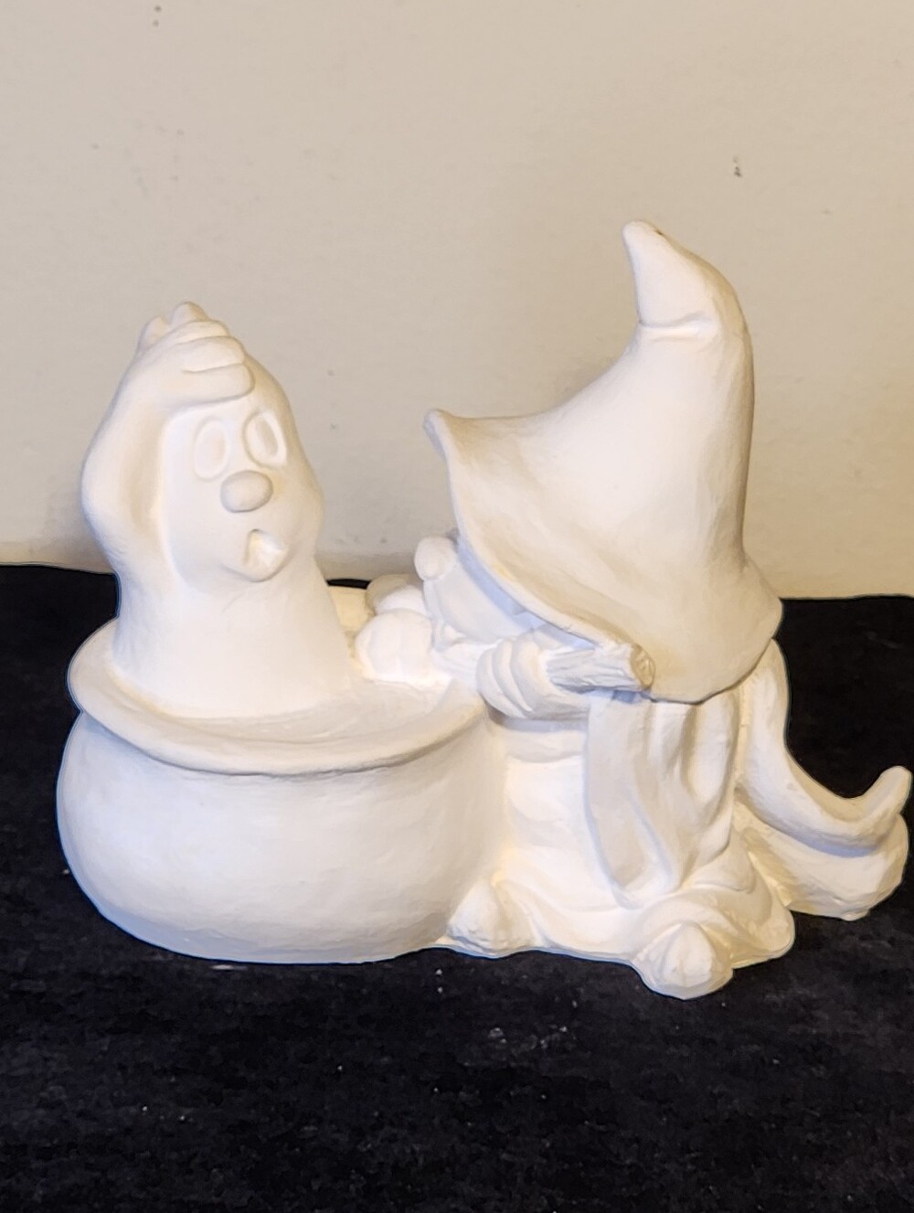 Vintage Ready To Paint Ceramic Bisque Gnome Witch With Ghost In Cauldron Diy